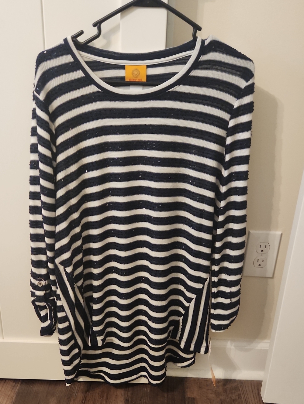 Ruby Rd. Winter Glow Striped Long Sleeve Top Navy & White Large NWT